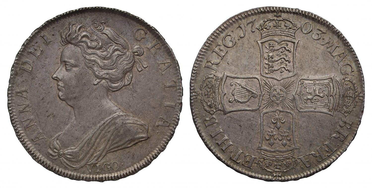 Anne 1703 Vigo Halfcrown, struck from captured Spanish silver