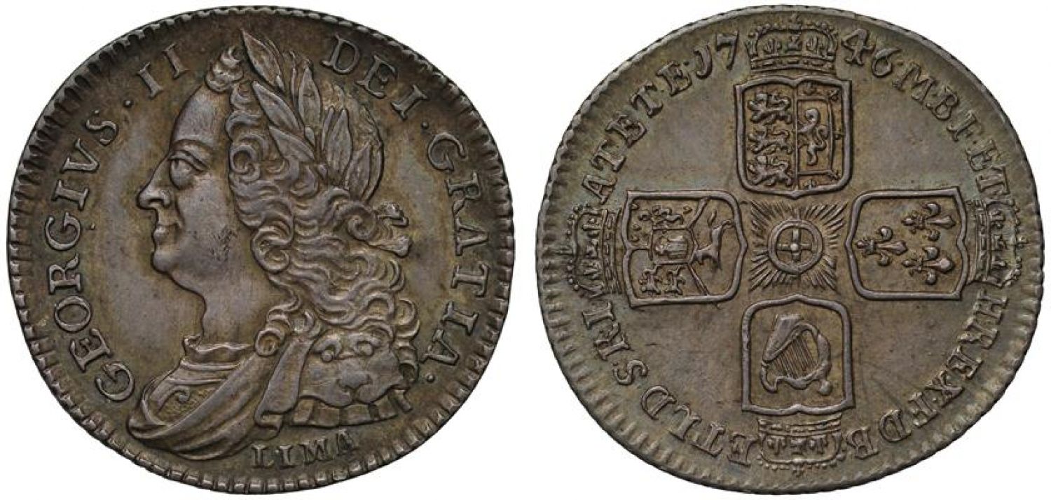 George II 1746 LIMA Sixpence, struck from captured Spanish silver