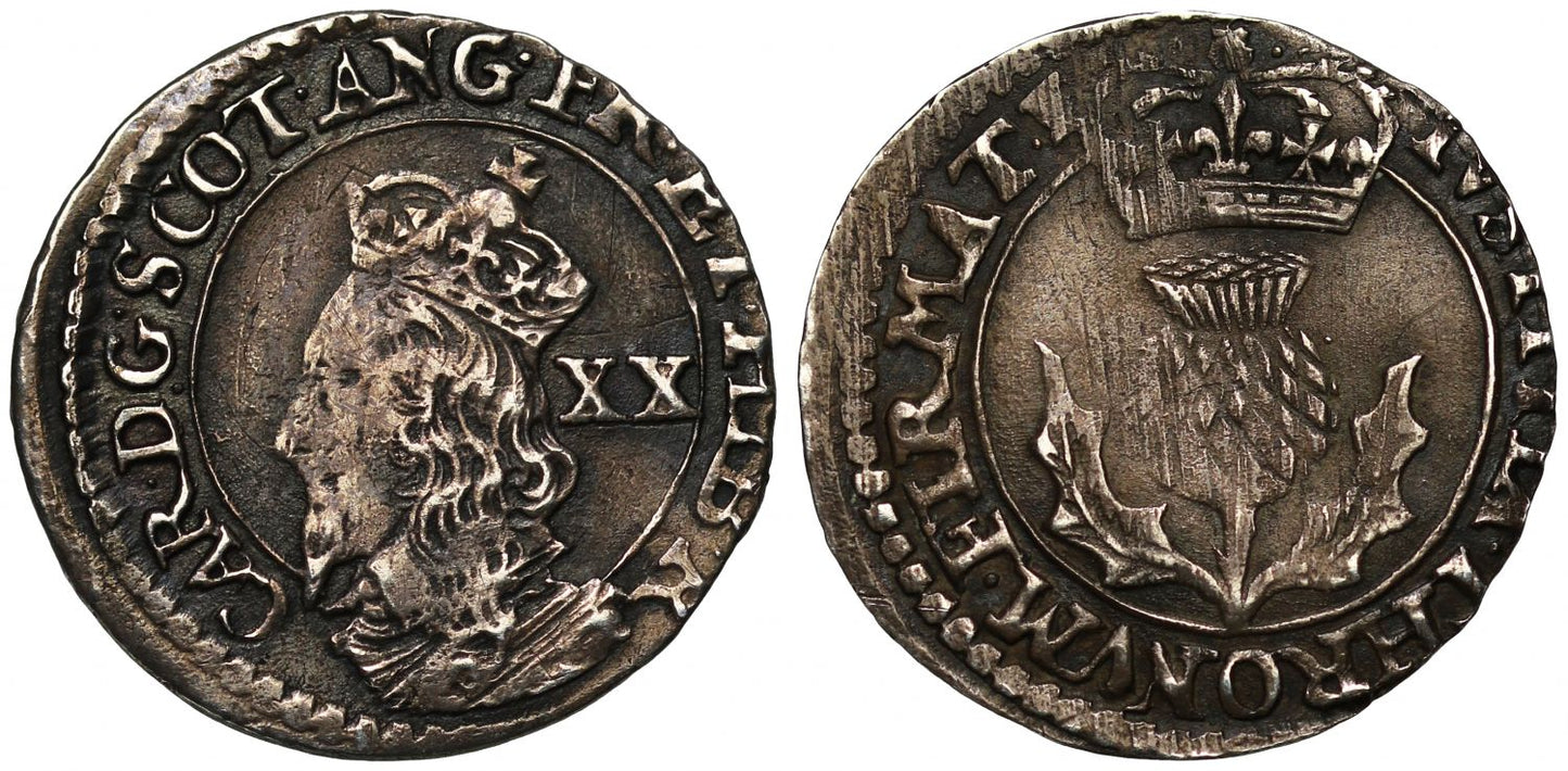 Scotland, Charles I Twenty-Pence, Falconer issue III, F at end of reverse legend