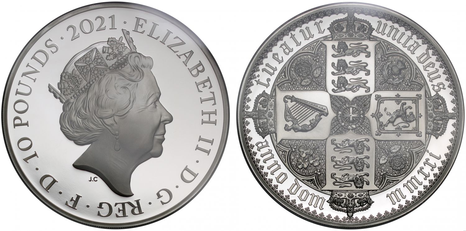 QEII 2021 PF70 FR silver 5oz Gothic Crown QA