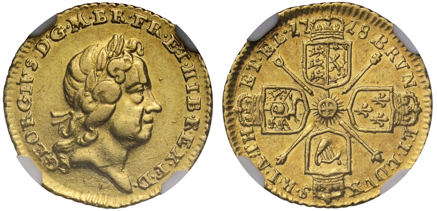 George I 1718 Quarter-Guinea AU58