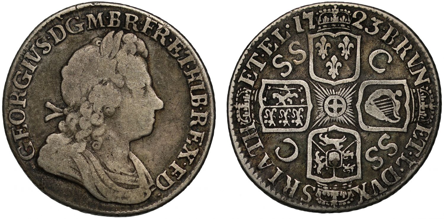 George I 1723 SSC Shilling French arms at date in error extremely rare