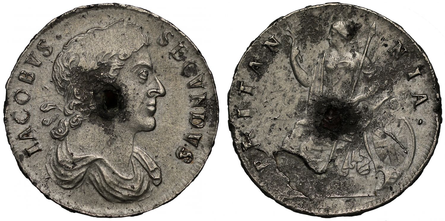 James II 1686 tin Halfpenny, some corrosion as usual, date on edge, ex Nicholson