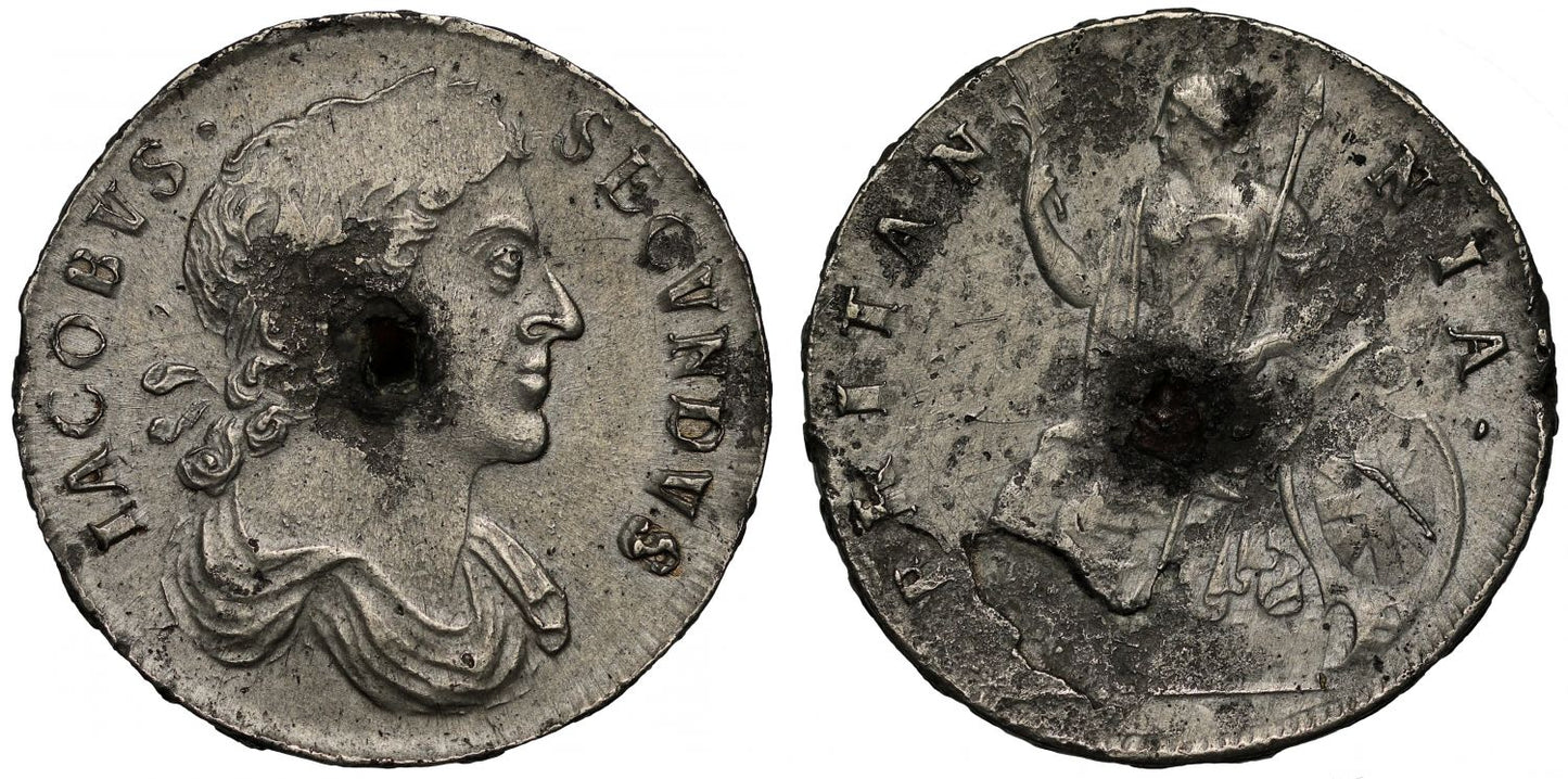 James II 1686 tin Halfpenny, some corrosion as usual, date on edge, ex Nicholson