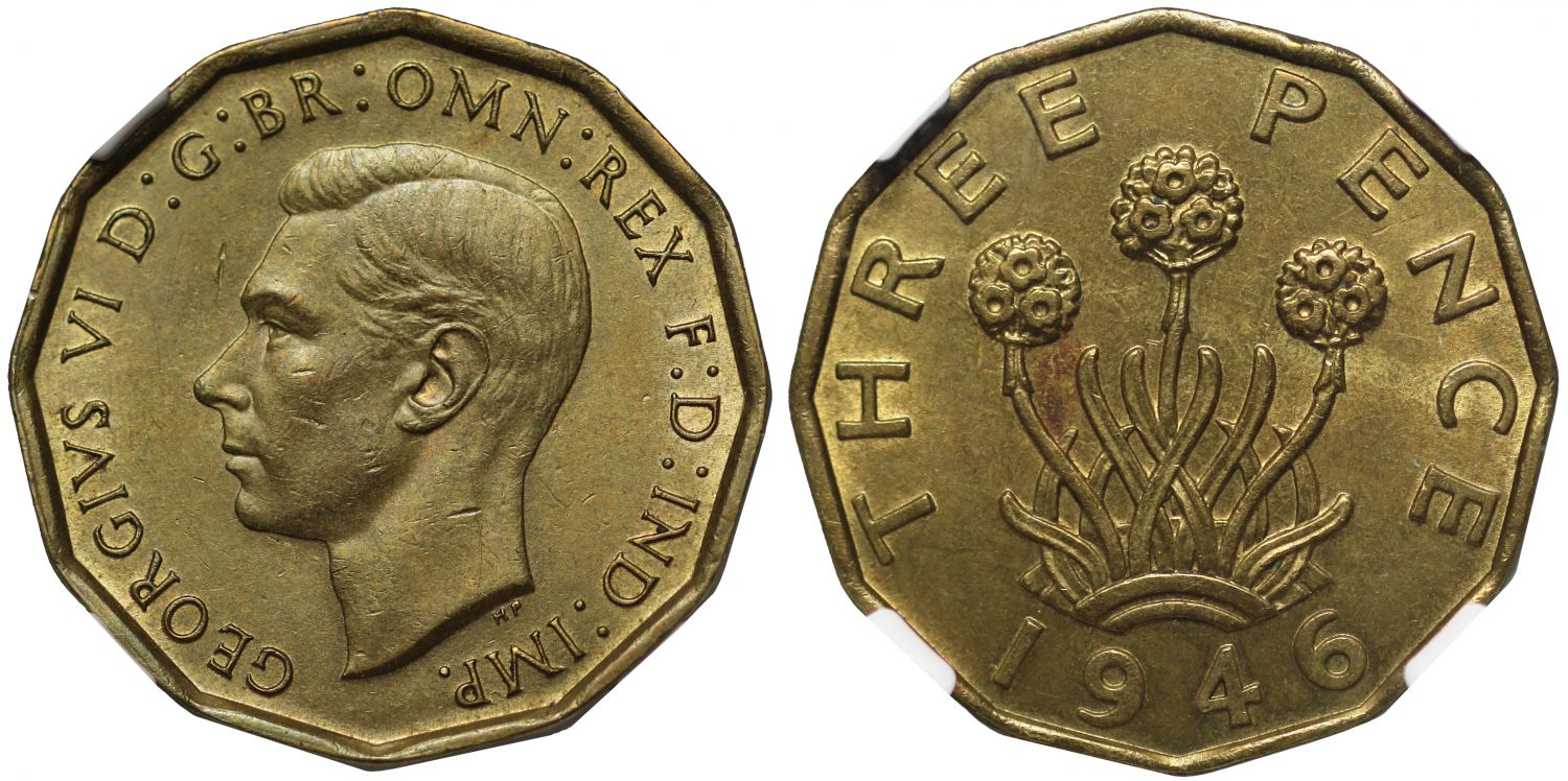 George VI 1946 Brass Threepence, rare date, MS62