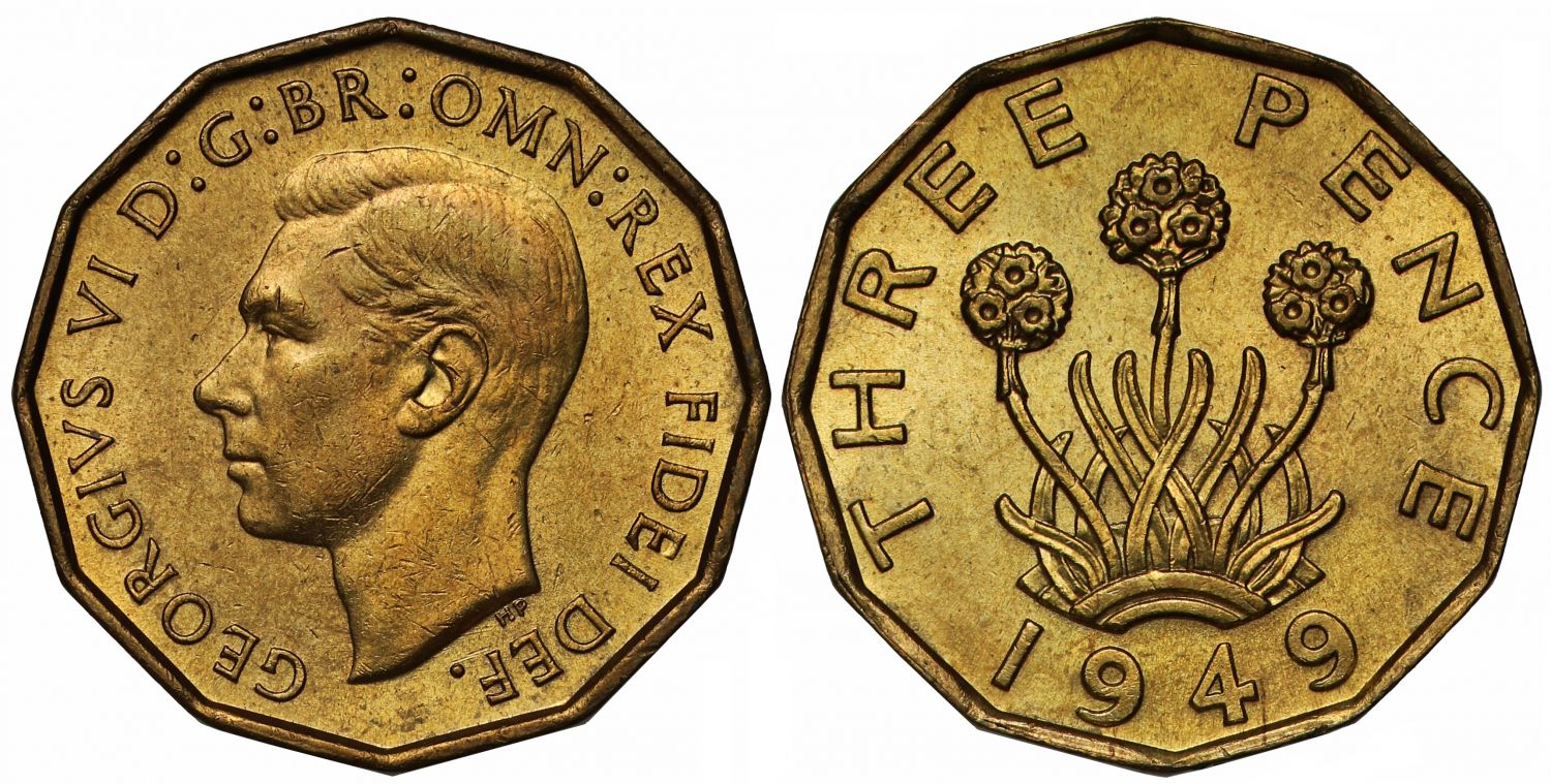 George VI 1949 brass Threepence MS64 second highest graded, rarest date