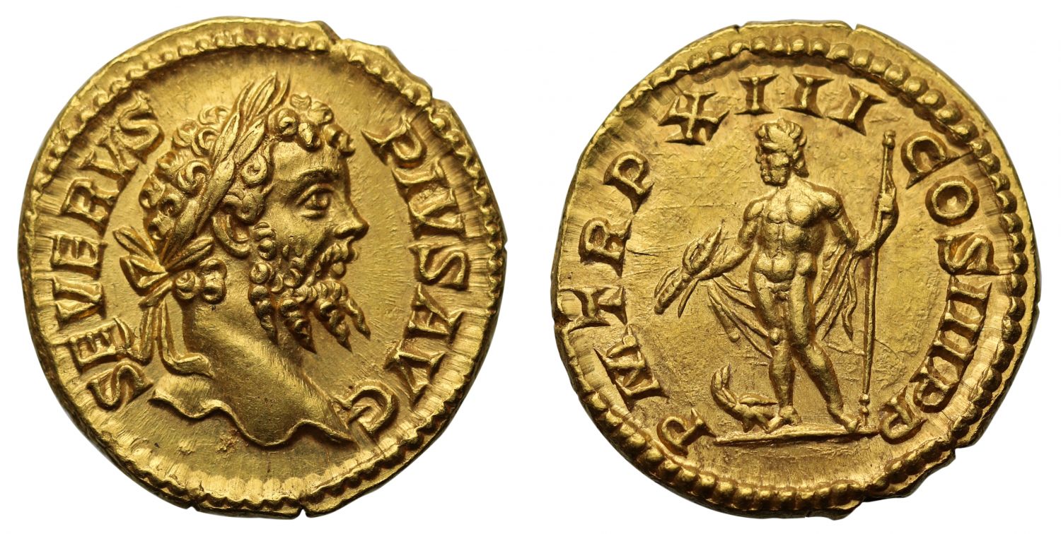 Septimius Severus, gold Aureus, Ch MS, 5/5, 5/5.