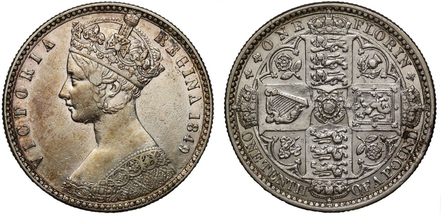 Victoria 1849 'Godless' Florin, WW clear of border, engraved by Wyon