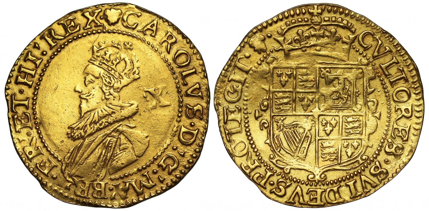 Charles I gold Double Crown, group B, 2nd bust, mint mark plumes