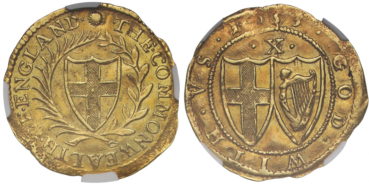 Commonwealth 1653 Half-Unite or Double Crown, MS62