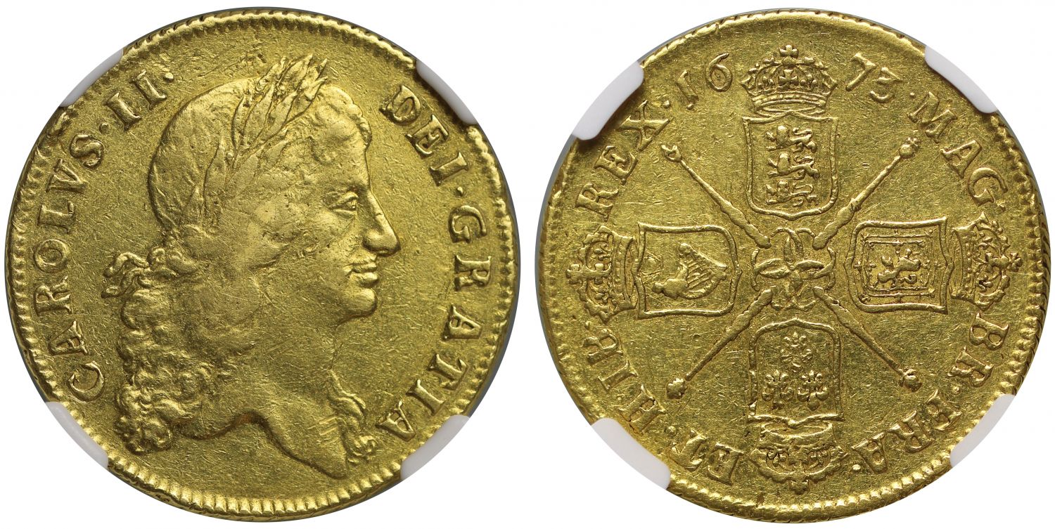 Charles II 1673 Two-Guineas XF40, last issue of first bust, unique date
