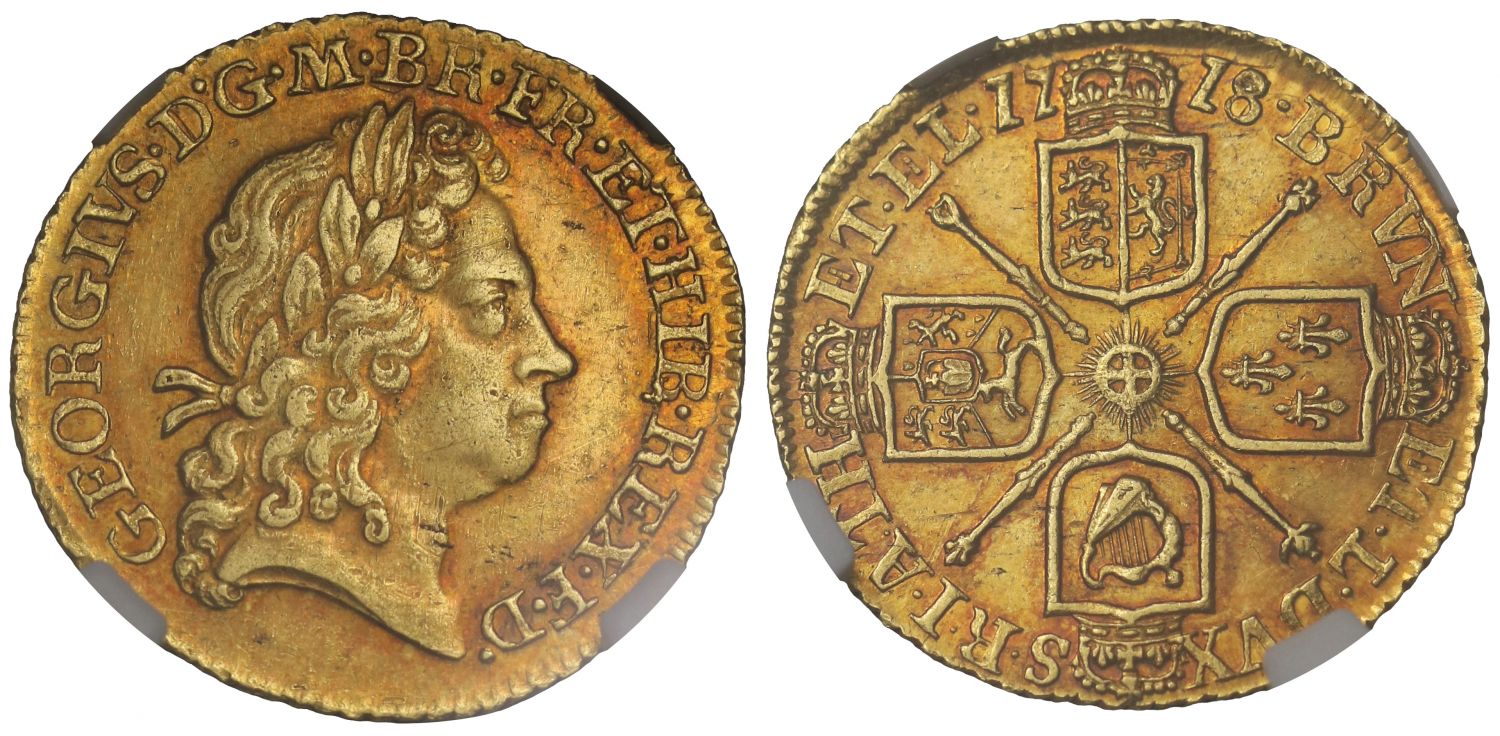 George I 1718 Half-Guinea MS61, overdate with 8 over 7