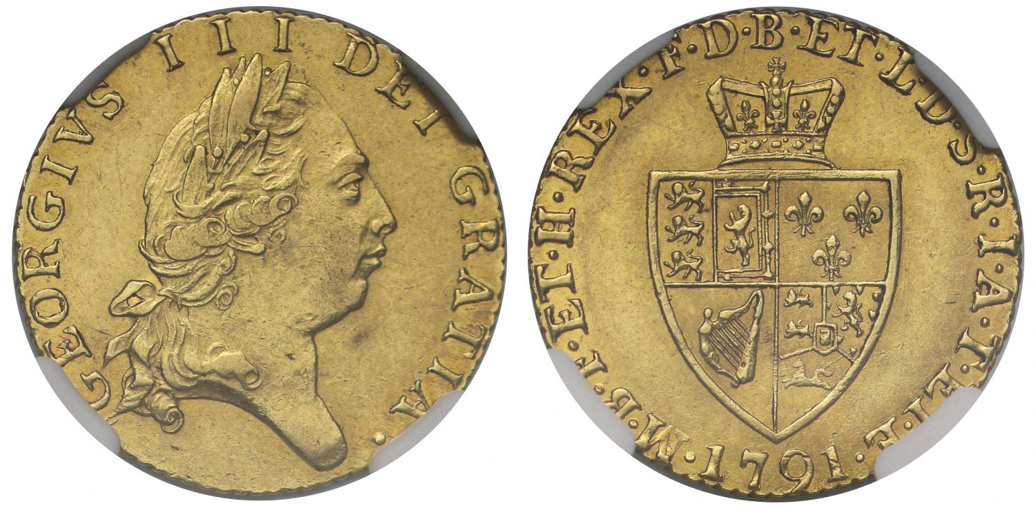 George III 1791 Half-Guinea, fifth head, spade type reverse, AU58