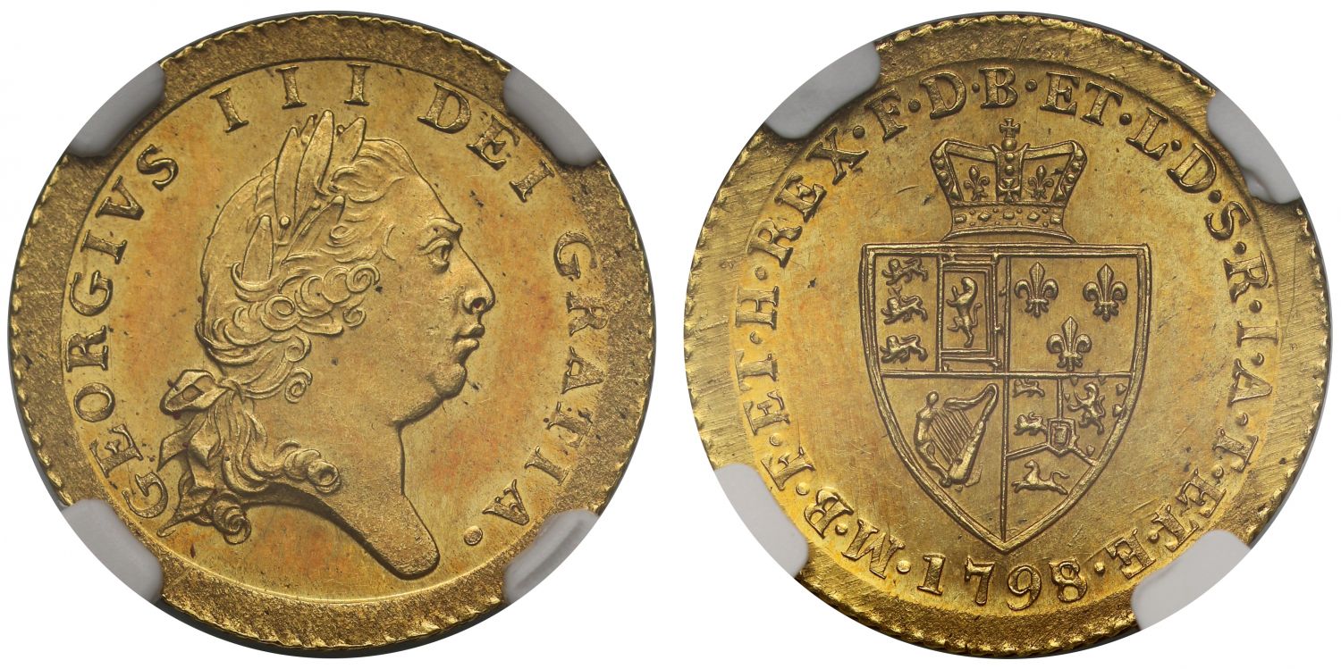 George III 1798/7 Pattern gold Guinea by Pingo, three known MS62