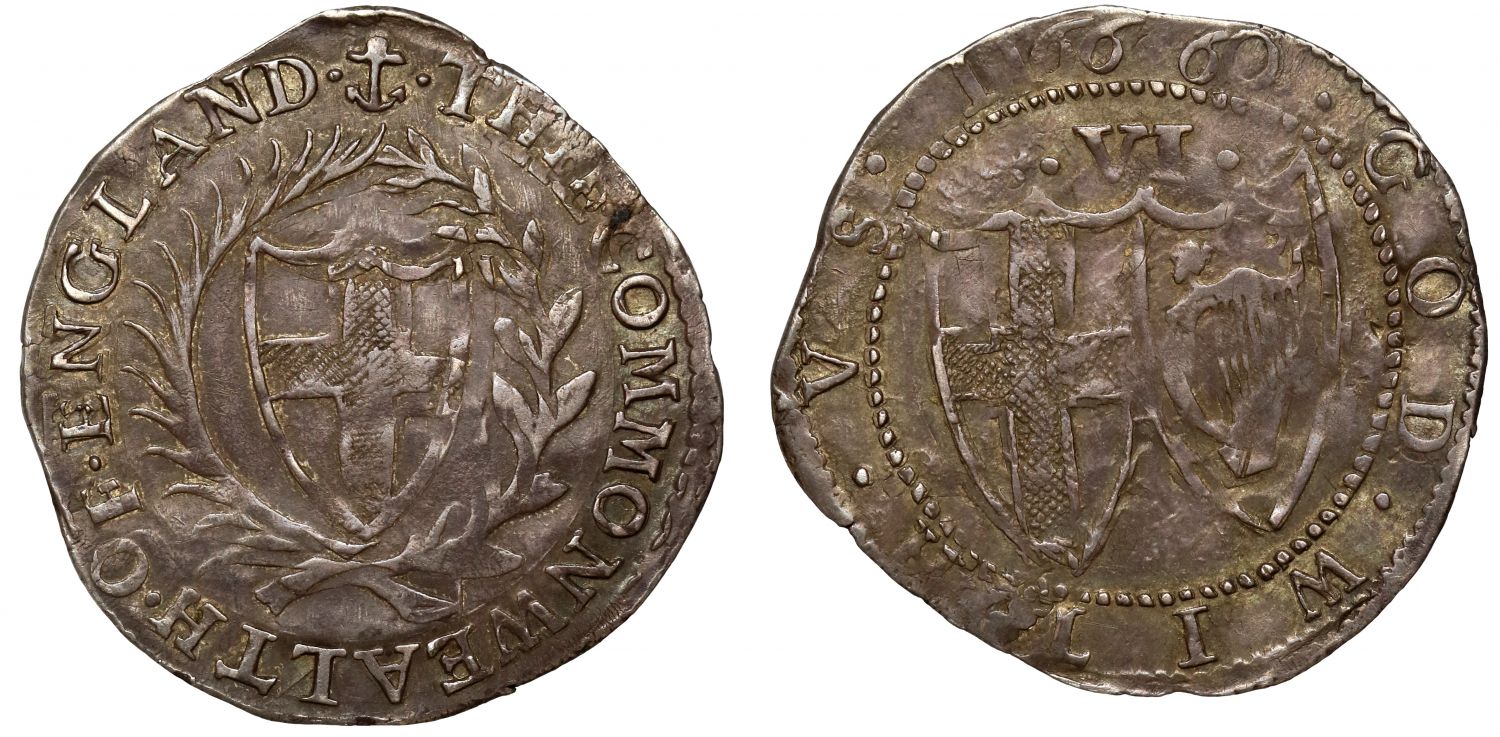 Commonwealth 1660 Sixpence, initial mark Anchor