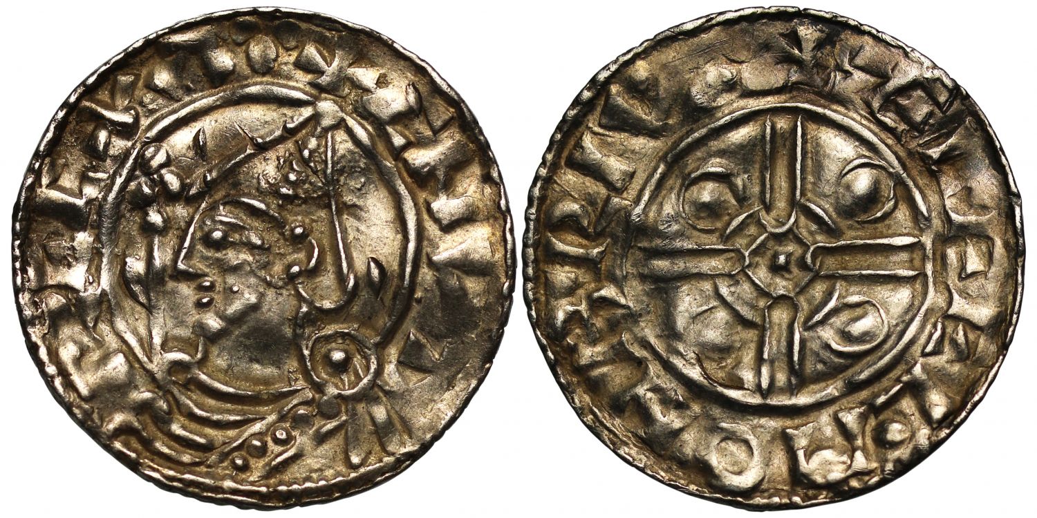 Canute Penny, helmet type, Bruton Mint, moneyer Aelfhelm