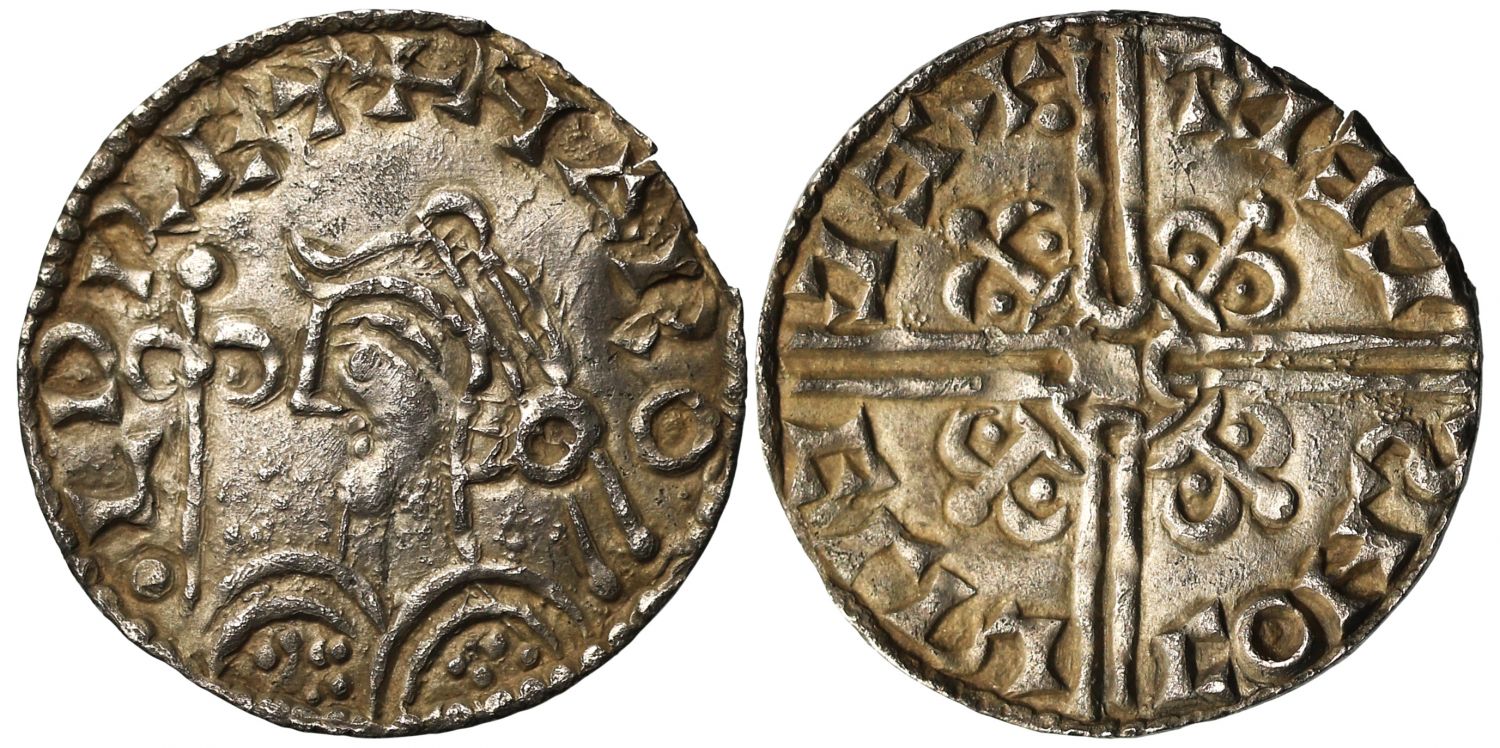 Harold I Penny, fleur de lis type, retrograde reverse, Shaftesbury Mint, Aegelric