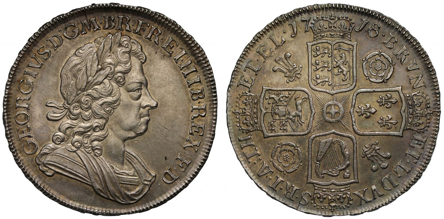 George I 1718/6 Crown AU55,  a rare overdate