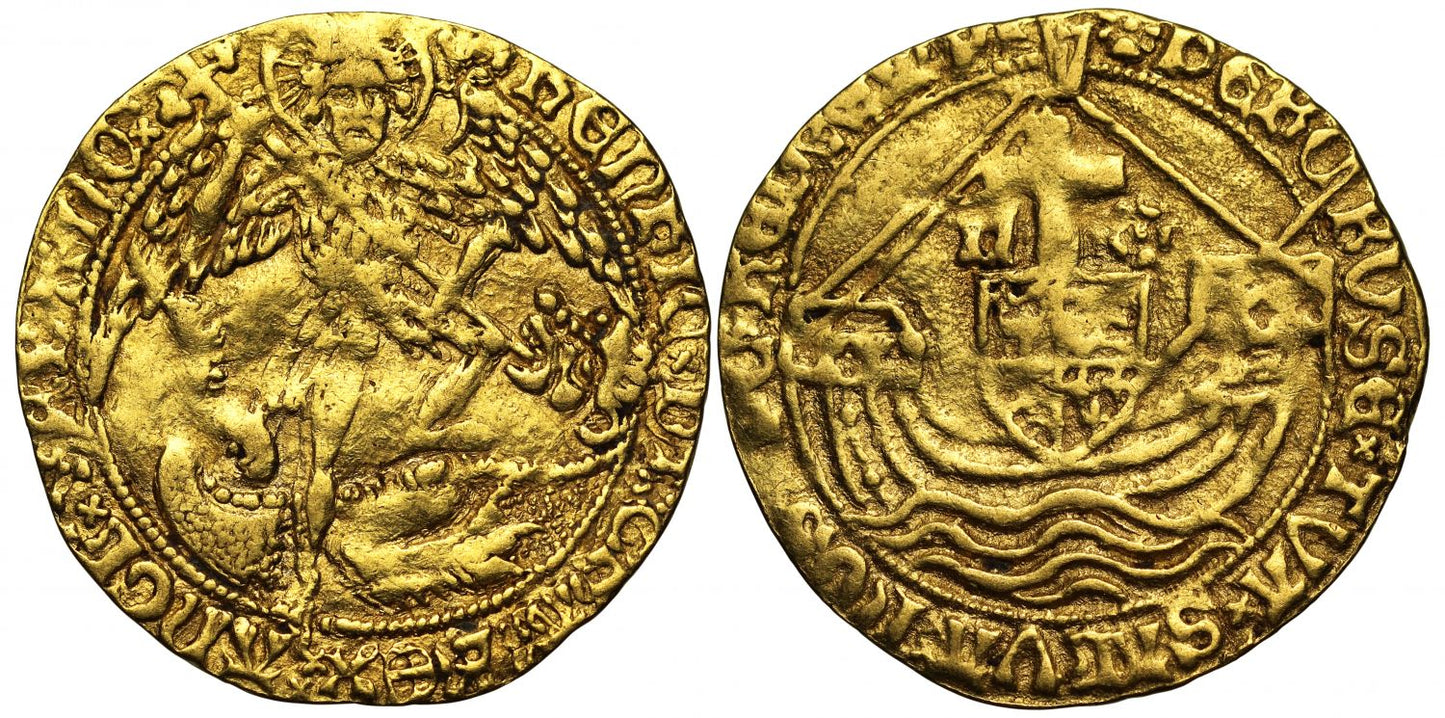 Henry VII Angel, class I, mm lis dimidiated with rose / reverse halved sun & rose