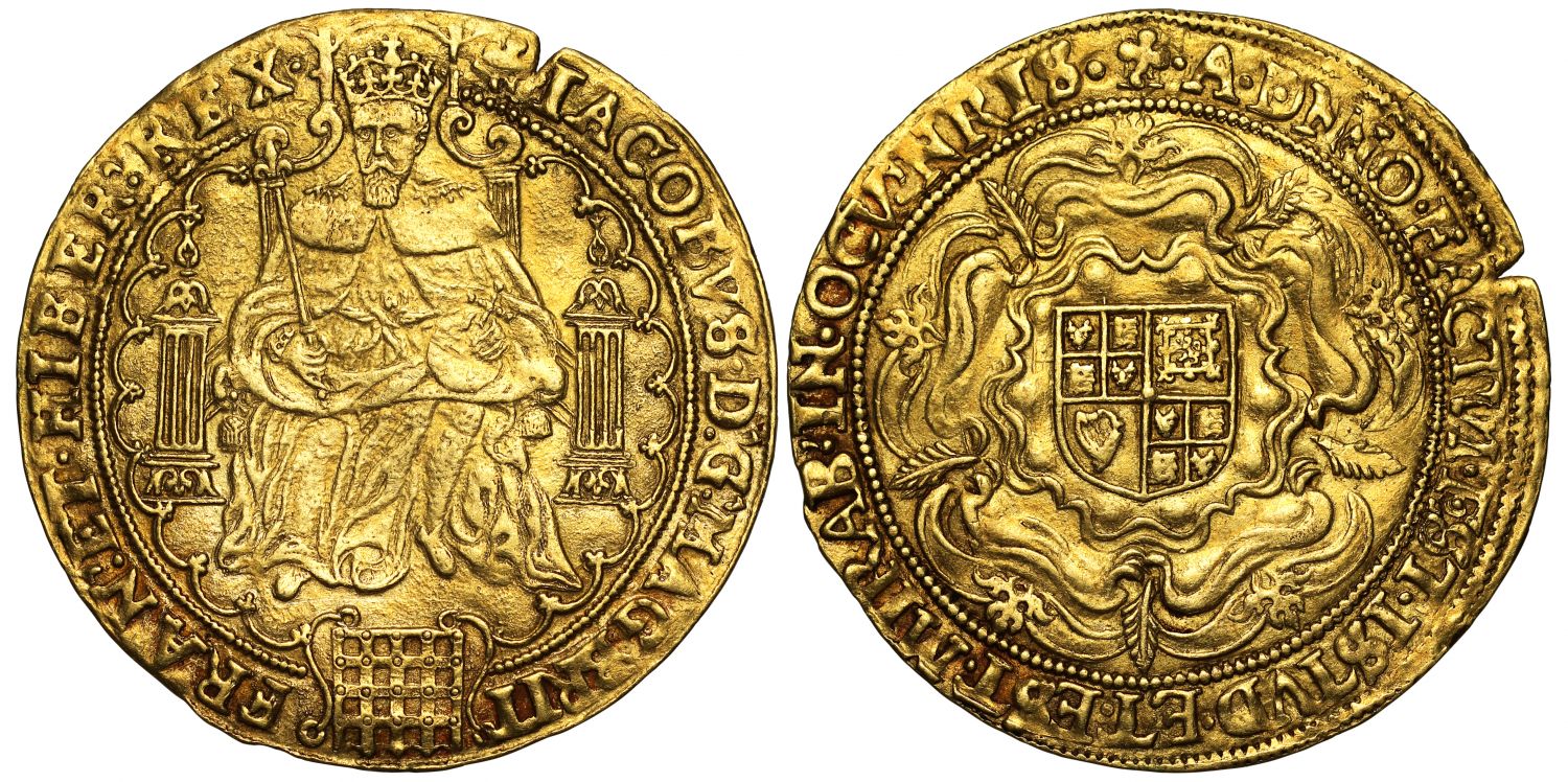 James I fine gold Rose Ryal, mm trefoil (1613) struck for only six months
