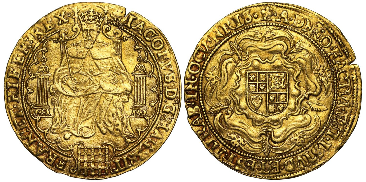 James I fine gold Rose Ryal, mm trefoil (1613) struck for only six months