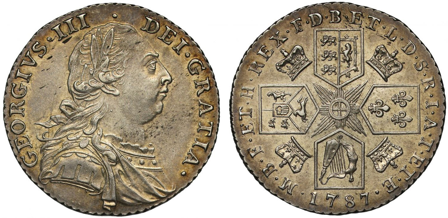 George III 1787 Shilling no hearts in the Hanoverian arms, one year only issue