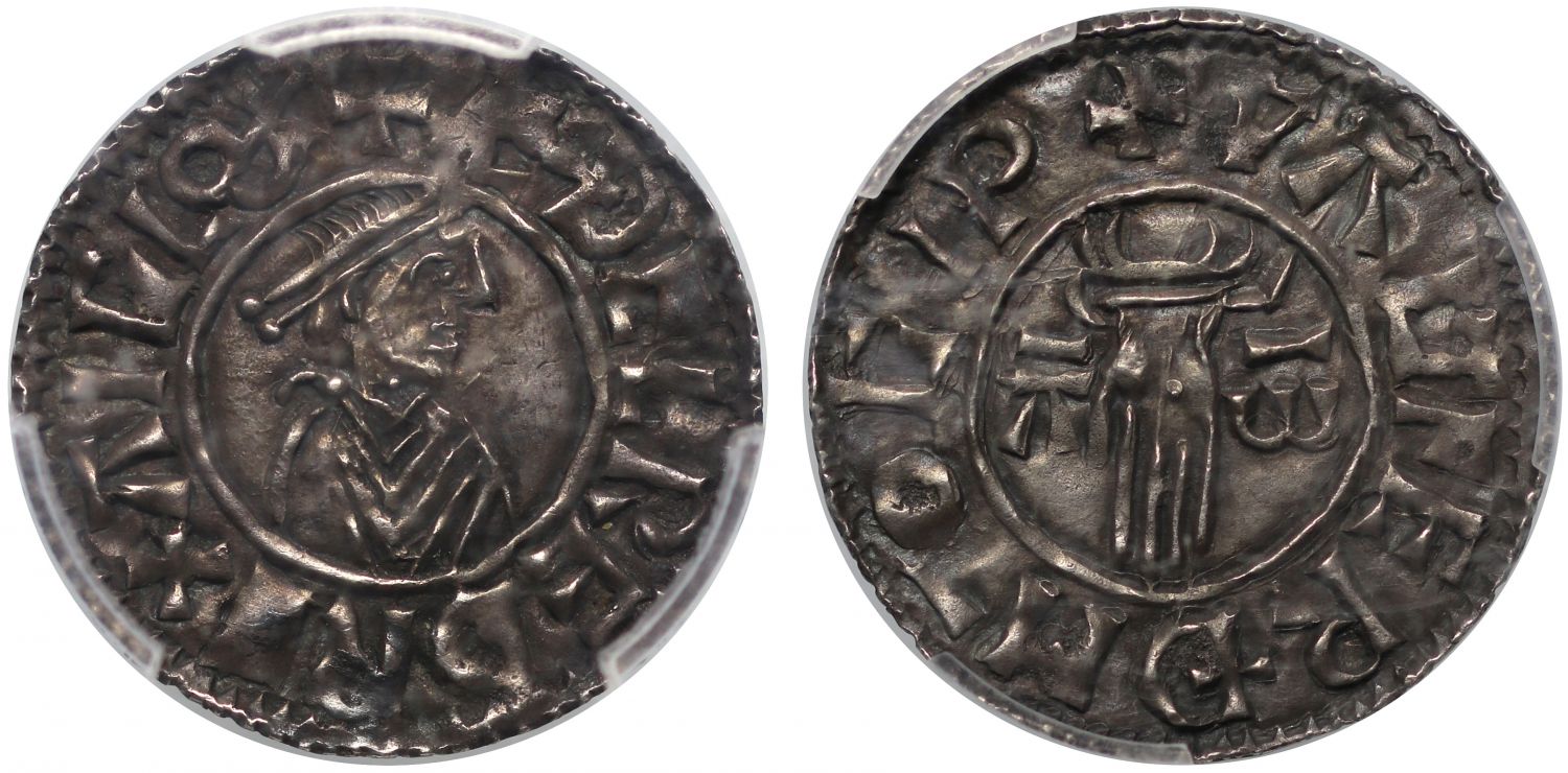 Aethelred II Penny, first hand type, Ipswich, Waltferth AU58