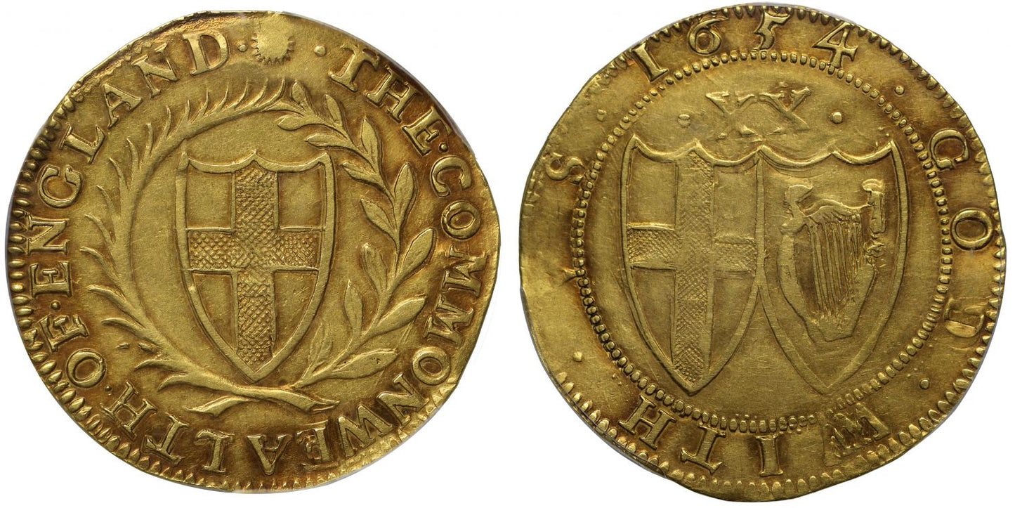 Commonwealth 1654 gold Unite AU55, 14 leaf obverse, rare date