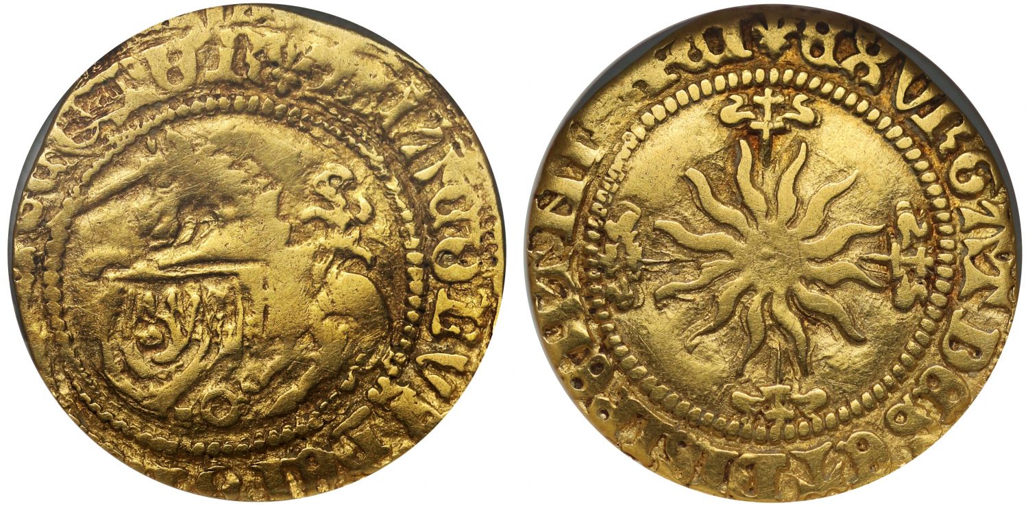 Scotland, James IV gold Half-Unicorn, no stops in legend both sides NGC F12