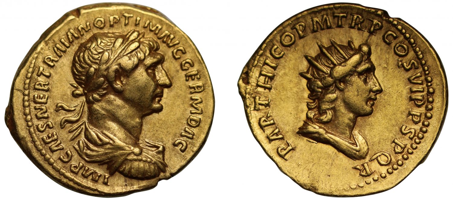 Trajan, gold Aureus, NGC AU 5/5 4/5 