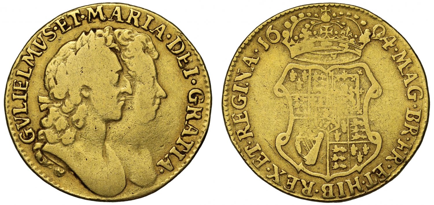 William and Mary 1694 Guinea, conjoined busts, rare non-overdate