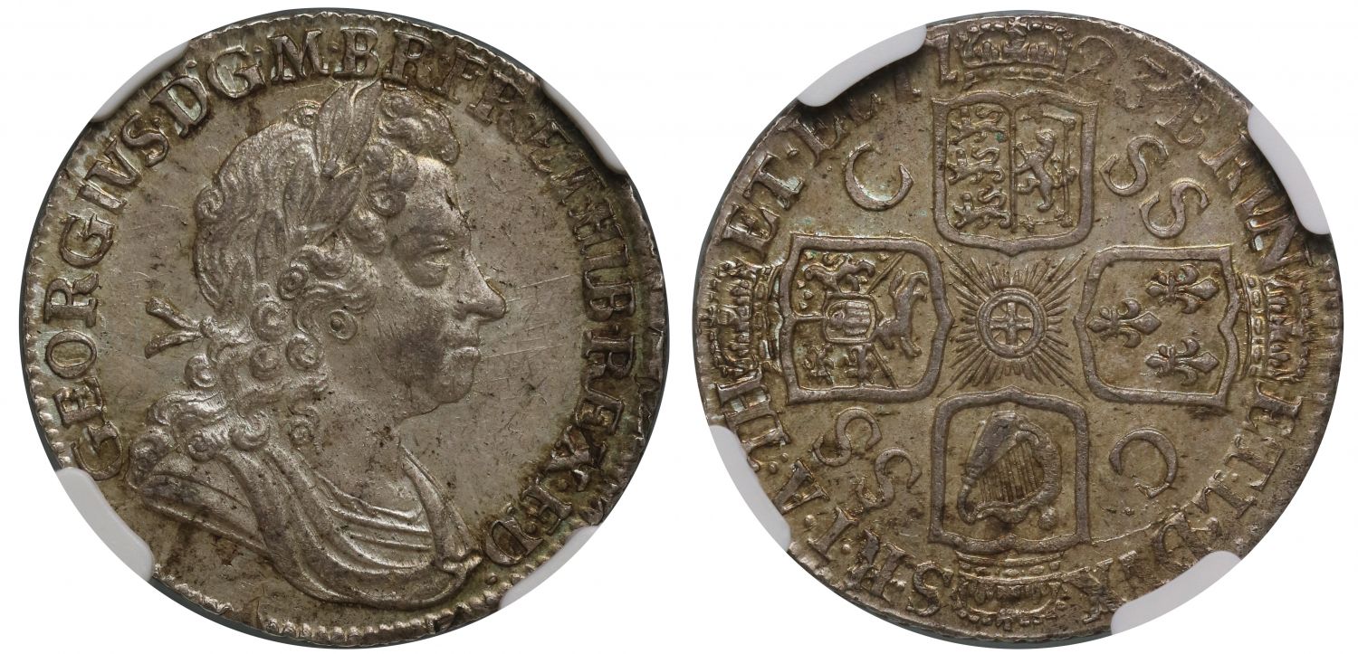 George I 1723 SSC Shilling MS64, first bust with C over SS in one quarter