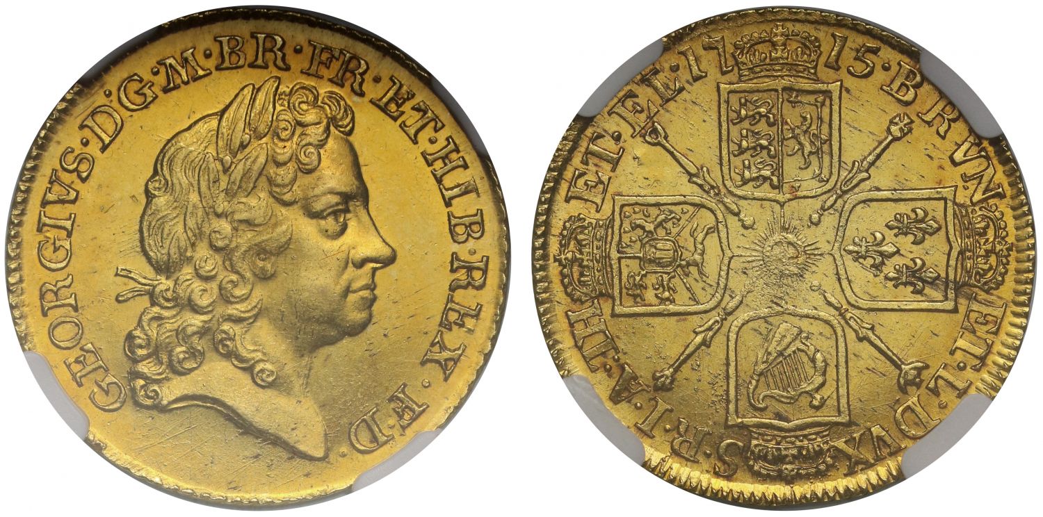 George I 1715 Guinea, third head MS64, high grade