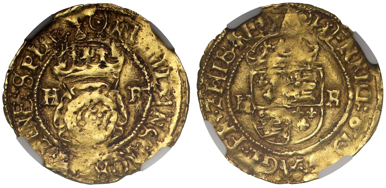 Henry VIII gold Halfcrown, mm pellet in annulet, capital letter Hs, MS61