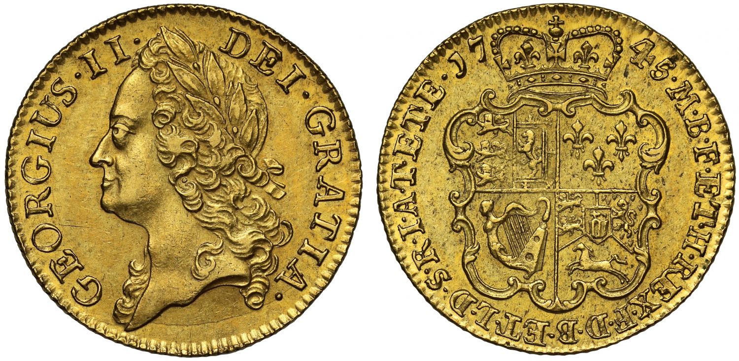 George II 1745 Guinea, intermediate head AU58