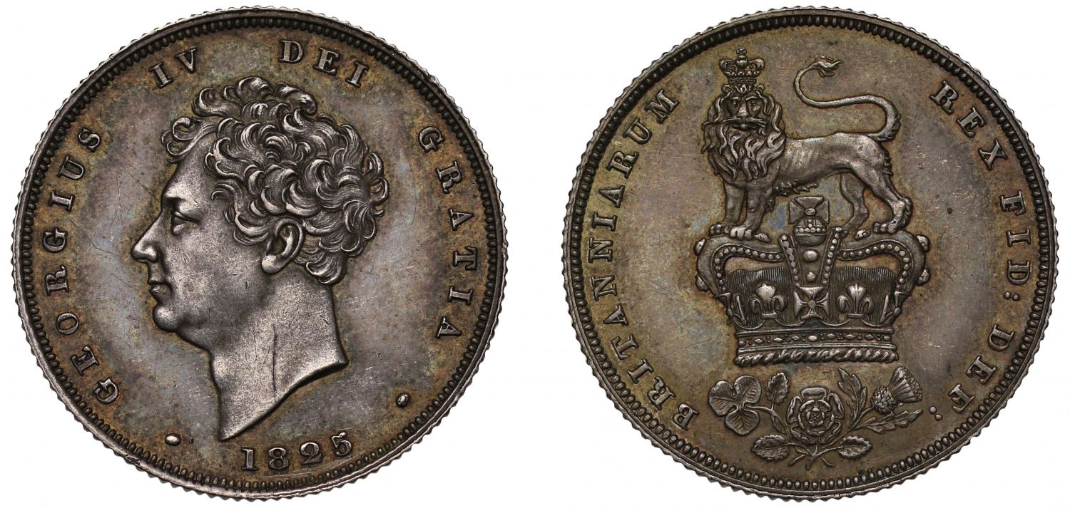 George IV 1825 pattern Shilling, lion on crown divides legend, very rare