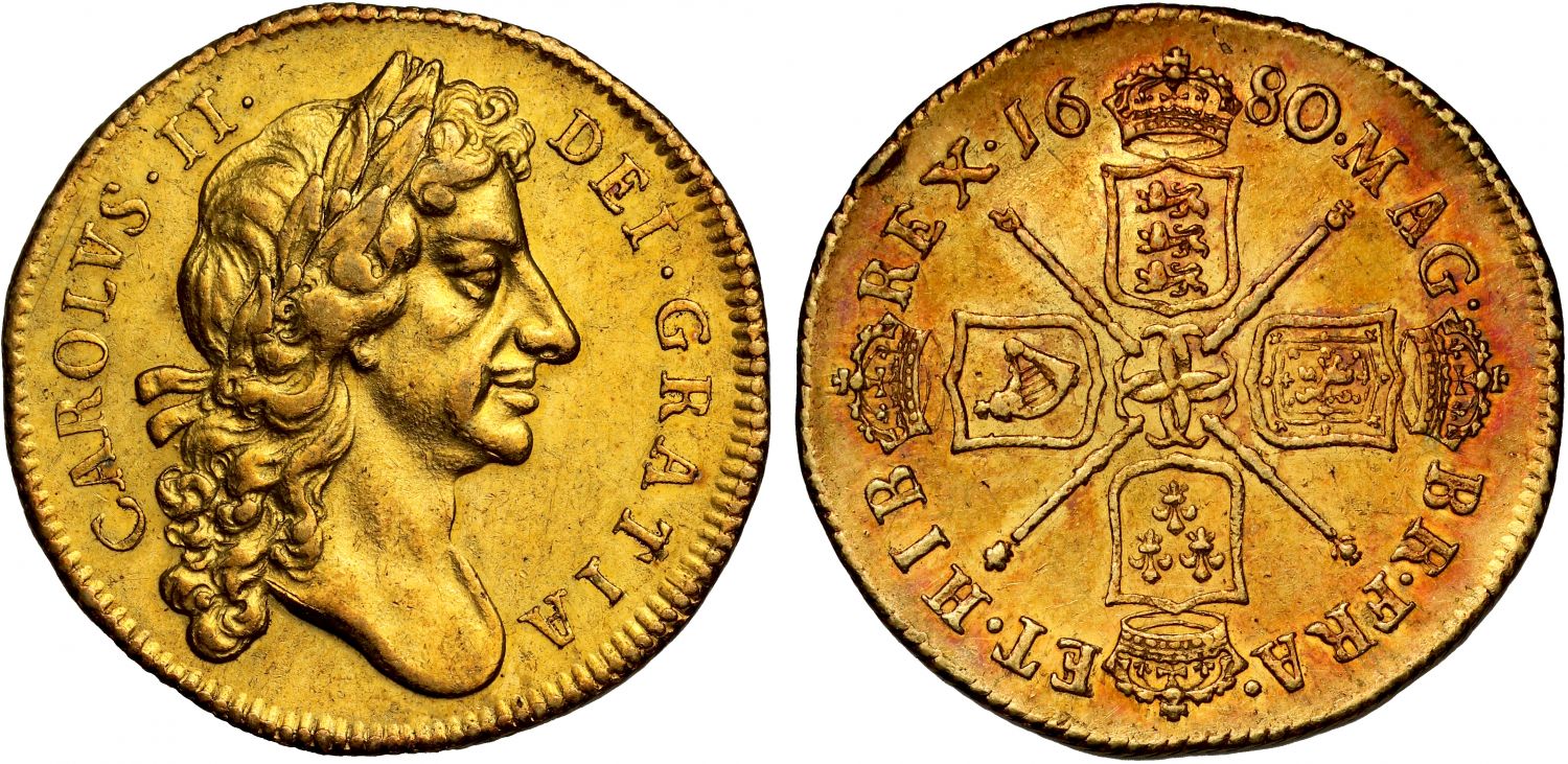 Charles II 1680 Two-Guineas, second bust, very rare date