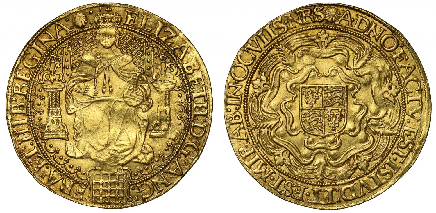 Elizabeth I Sovereign, sixth issue, m.m. escallop, extremely rare die variety