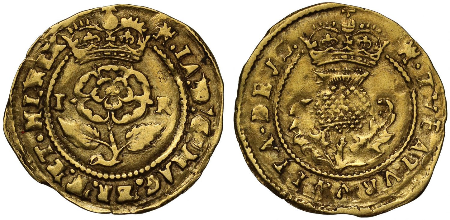 James I gold Thistle Crown, 2nd coinage, I and R omitted on rev., mm tower