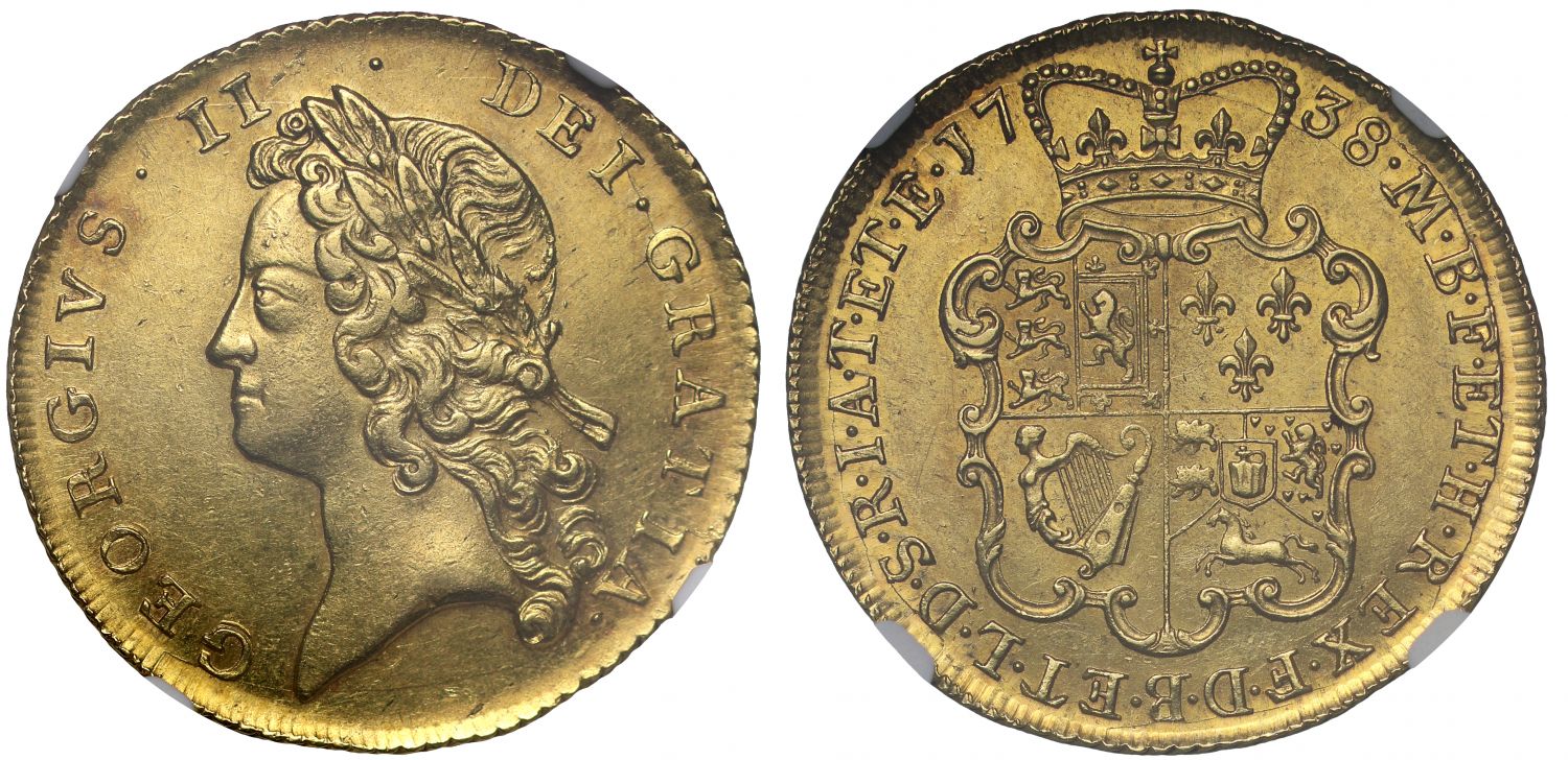 George II 1738 Two-Guineas, young head, Schneider dies 4/4, AU58