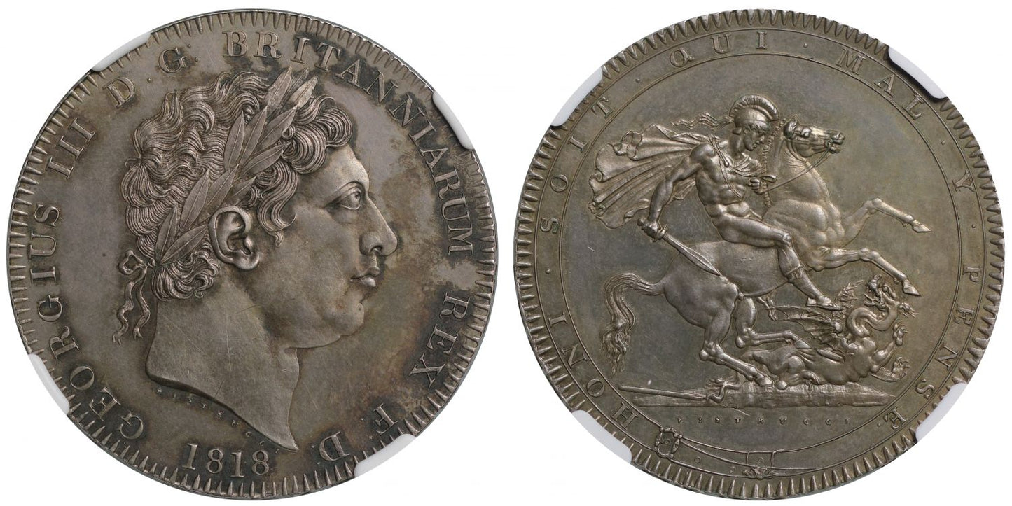 George III 1818 Crown LVIII edge, engraved by Pistrucci MS62