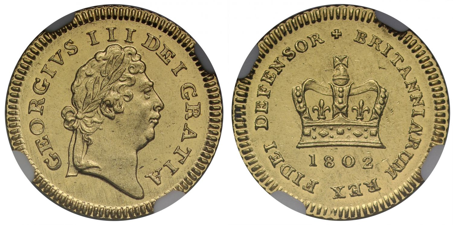 George III 1802 Third-Guinea MS62