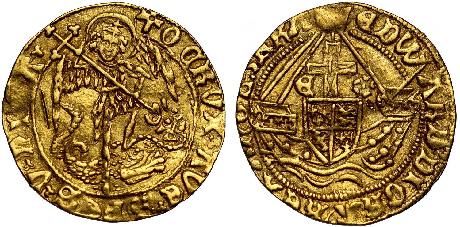 Edward IV Second Reign Half-Angel, initial issue with transposed error legends