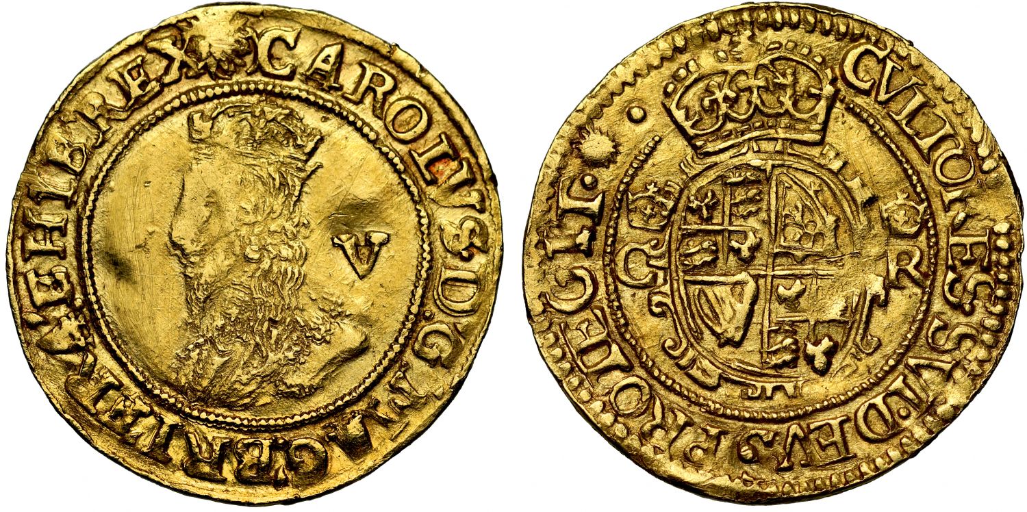 Charles I gold Crown Tower Mint under Parliament, mm sun over (P) or (R)