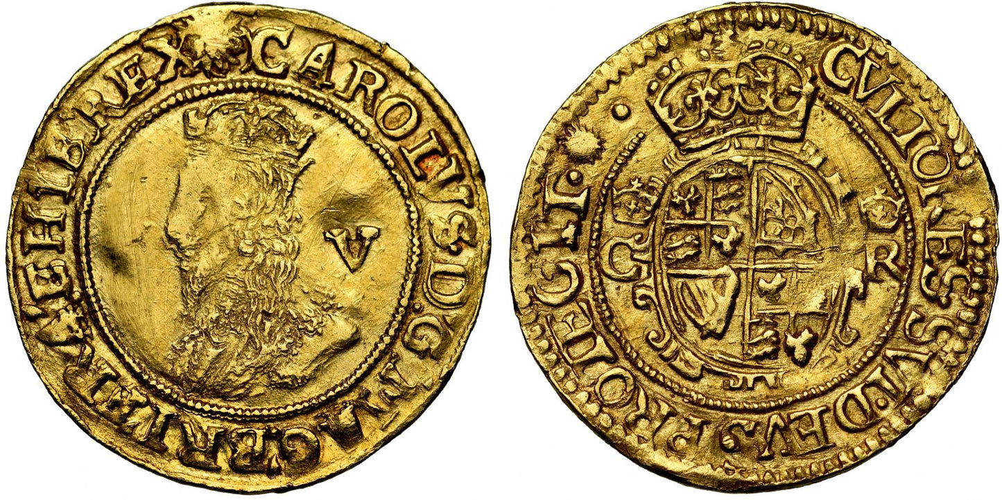Charles I gold Crown Tower Mint under Parliament, mm sun over (P) or (R)