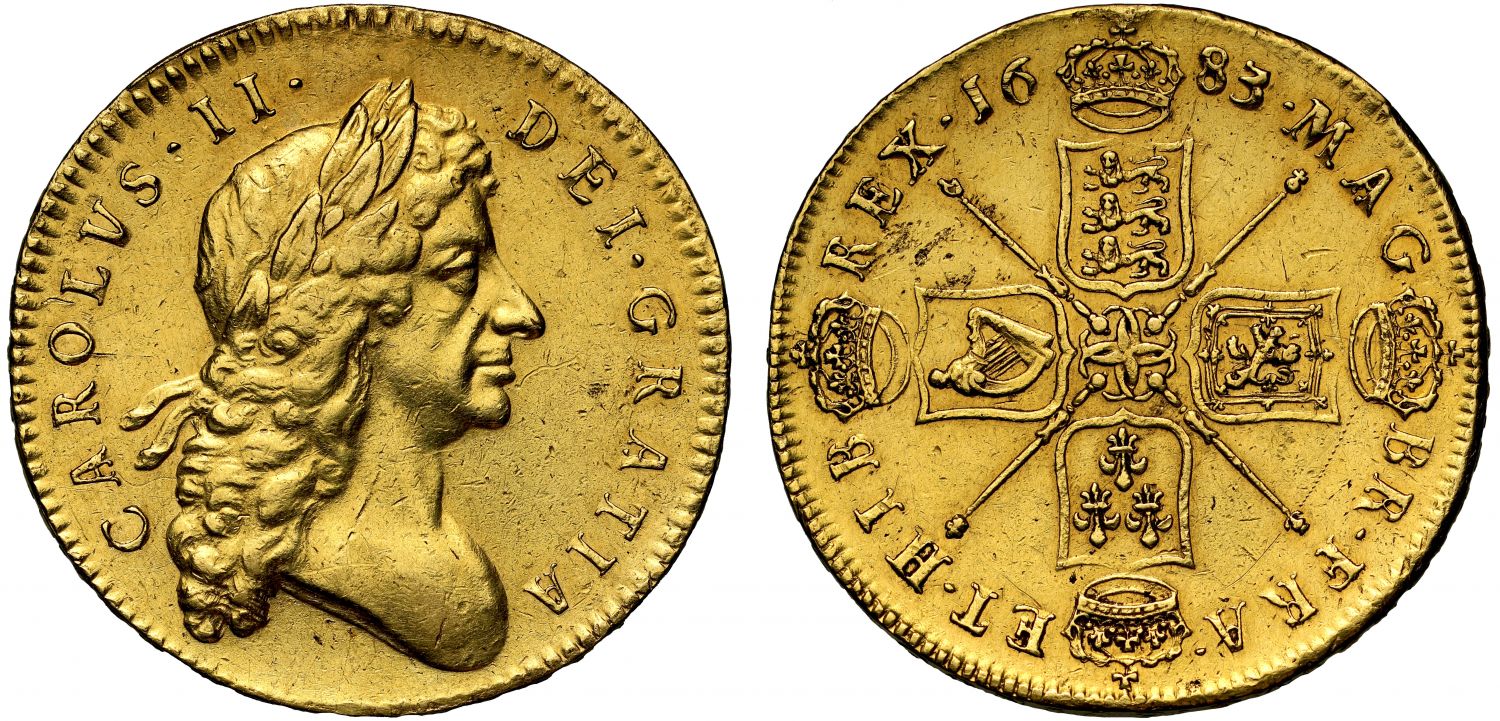 Charles II 1683 Five-Guineas, date with 3 struck over 2, second head