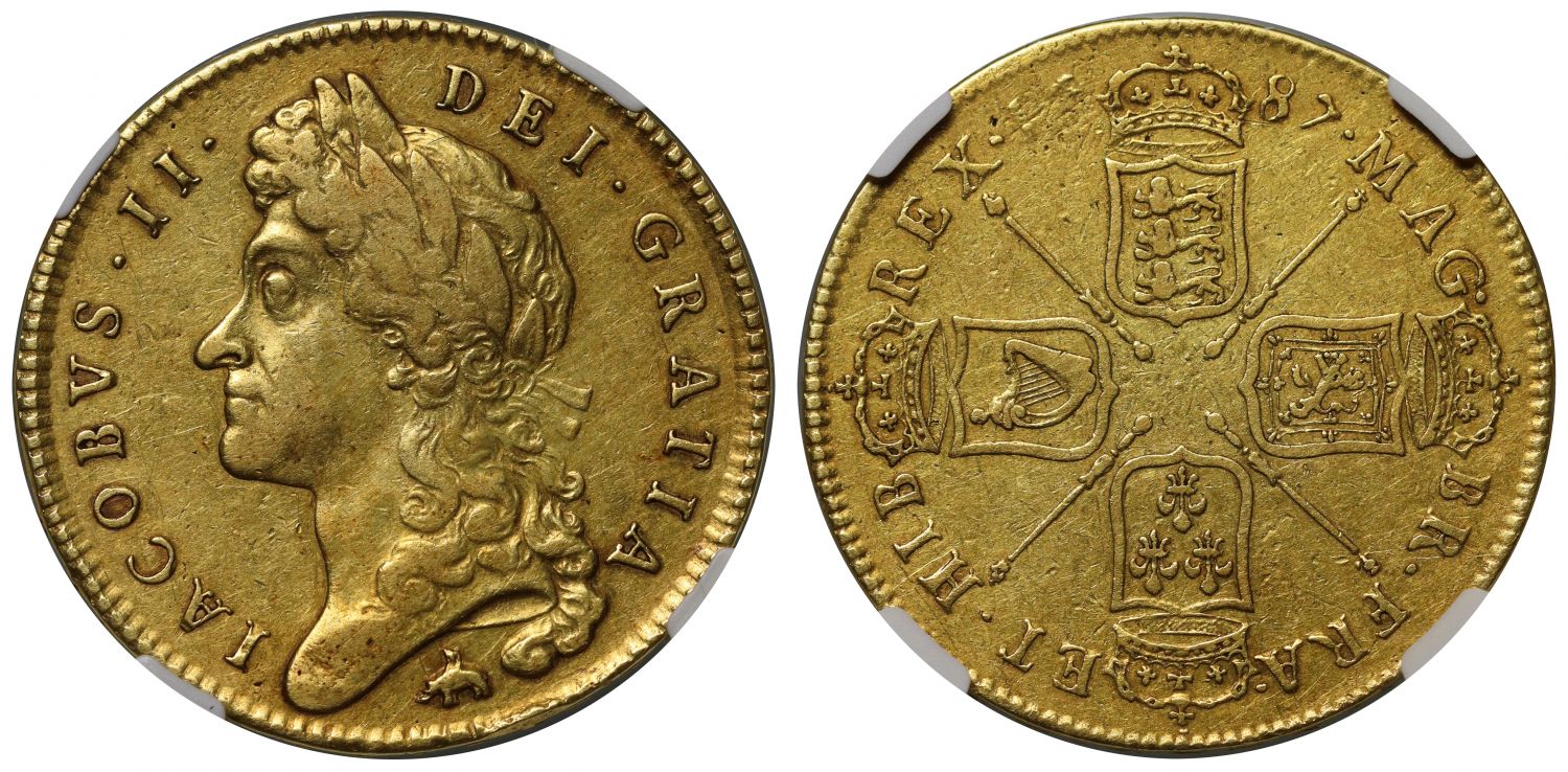 James II 1687 Five-Guineas XF45, Elephant & Castle below first bust