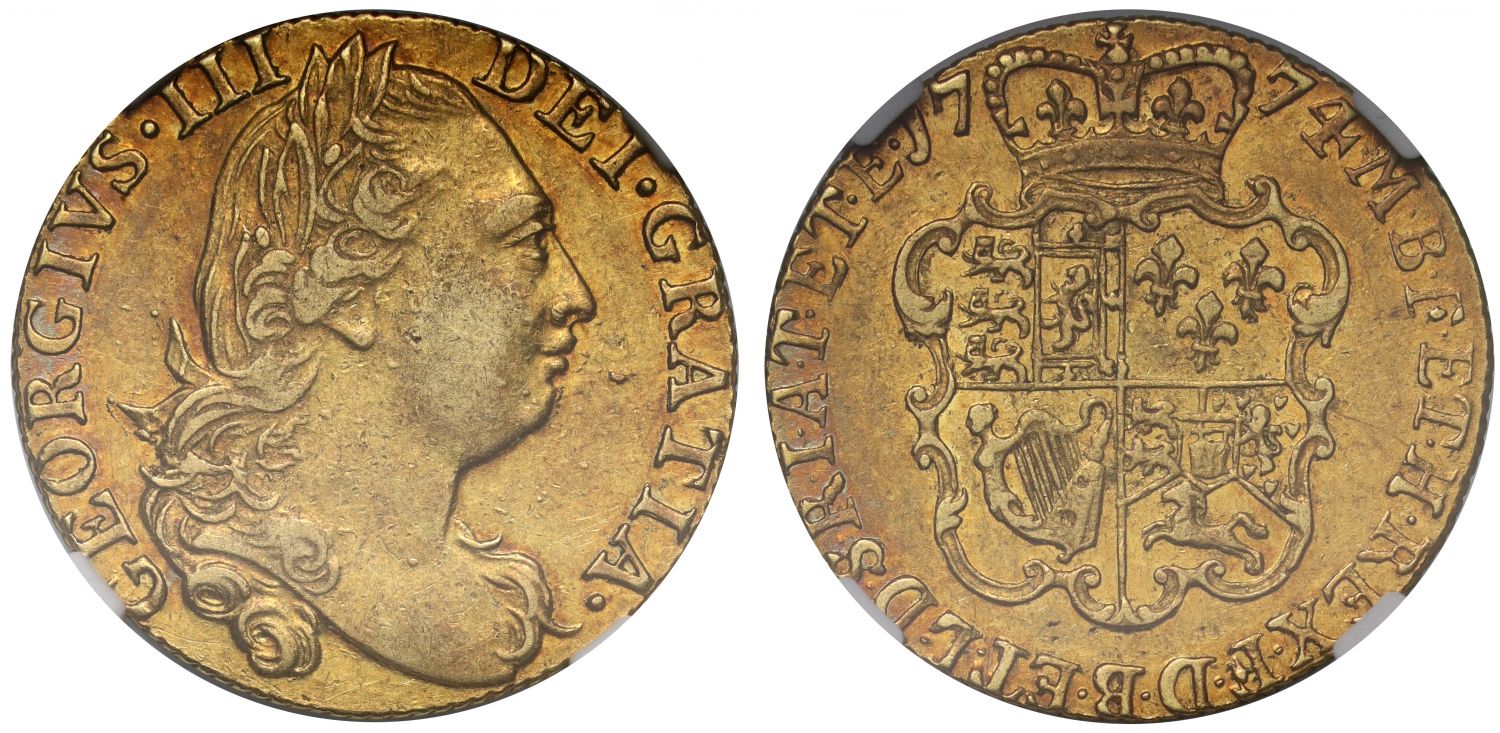 George III 1774 Guinea fourth head first year, AU50