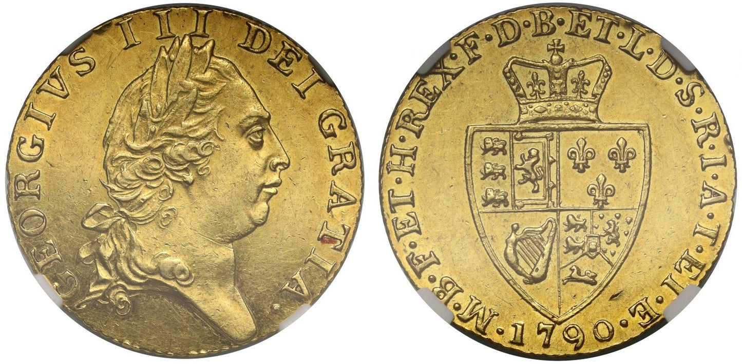 George III 1790 Guinea AU58, fifth head, spade reverse