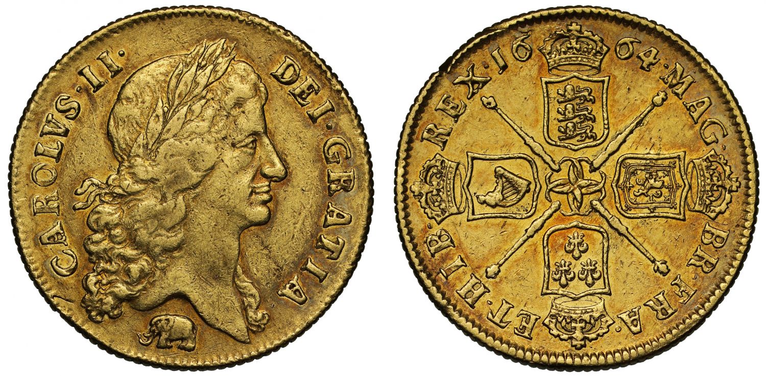 Charles II 1664 Two Guineas Elephant, ex Flanagan and Eliaberg collections